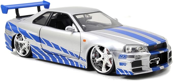 Toys Fast & Furious Brian’s 2002 Nissan Skyline R34 Die-cast Car, 1:24 Scale, Silver & Blue