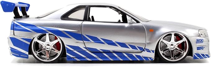 Toys Fast & Furious Brian’s 2002 Nissan Skyline R34 Die-cast Car, 1:24 Scale, Silver & Blue