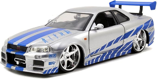Toys Fast & Furious Brian’s 2002 Nissan Skyline R34 Die-cast Car, 1:24 Scale, Silver & Blue