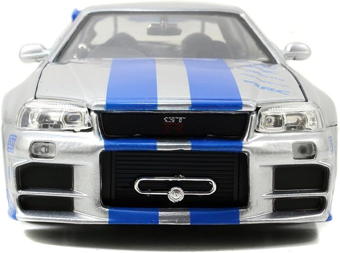 Toys Fast & Furious Brian’s 2002 Nissan Skyline R34 Die-cast Car, 1:24 Scale, Silver & Blue