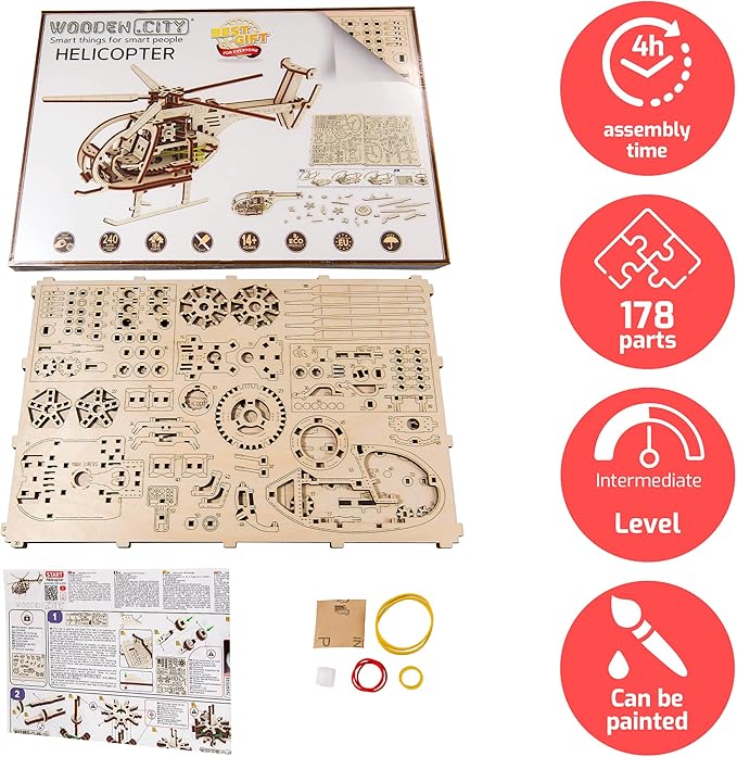 Helicopter 3D Wooden Puzzle – Wooden Model Kit for Adults